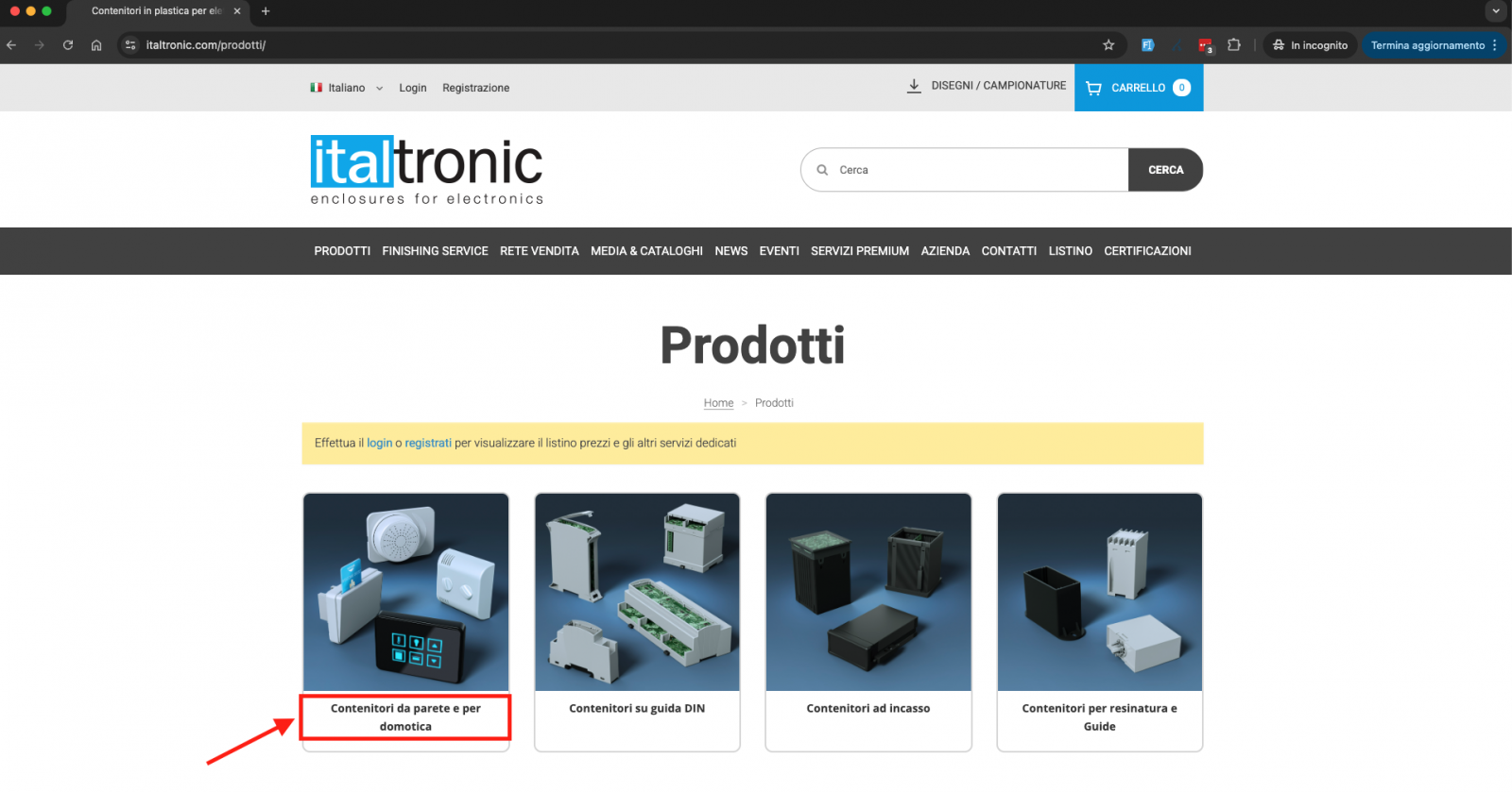 Screenshot selezione categoria
